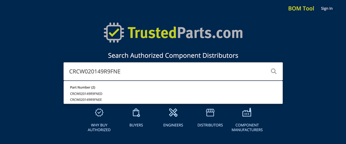 Un numéro de pièce saisi dans le champ de recherche de l'écran d'accueil de TrustedParts.com.