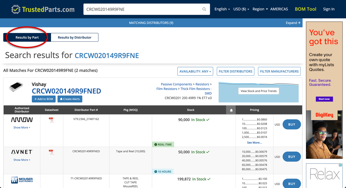 Page de résultats de recherche pour une pièce, affichant les résultats par tri de pièces.