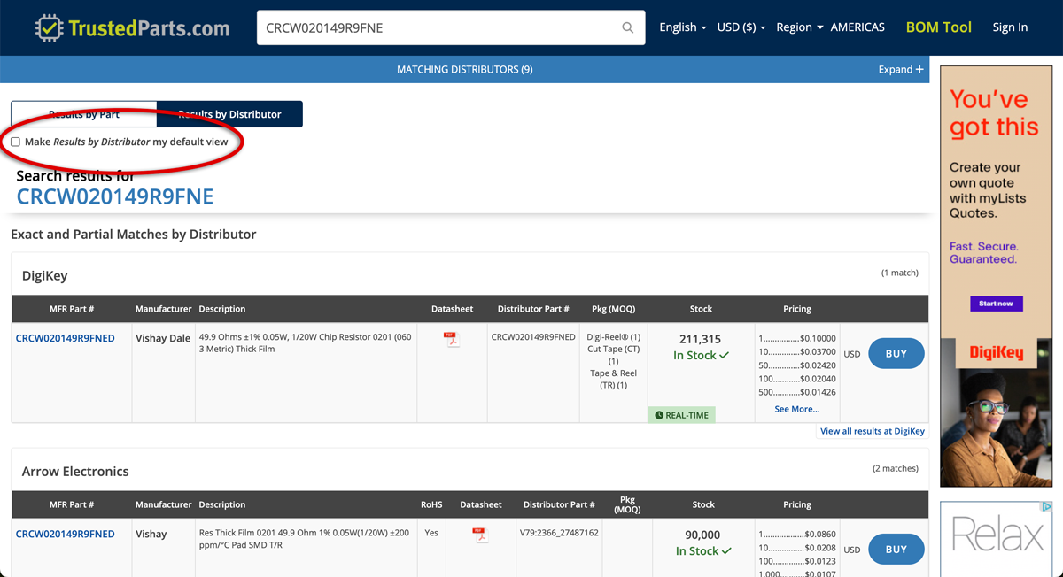 Page de résultats de recherche d'une pièce montrant le bouton permettant d'ajuster le tri par défaut.